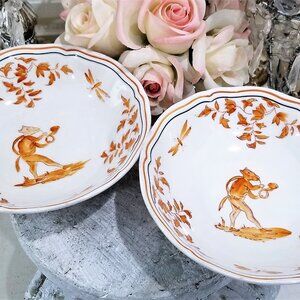 Olerys LC Longchamp French Faience Cereal Bowls Hand Painted - Pumpkin & Cream